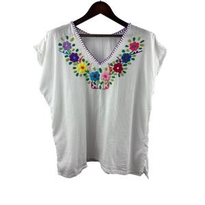 Women’s Handmade 2XL White Short Sleeve Blouse w/ Multicolored Floral Embroidery
